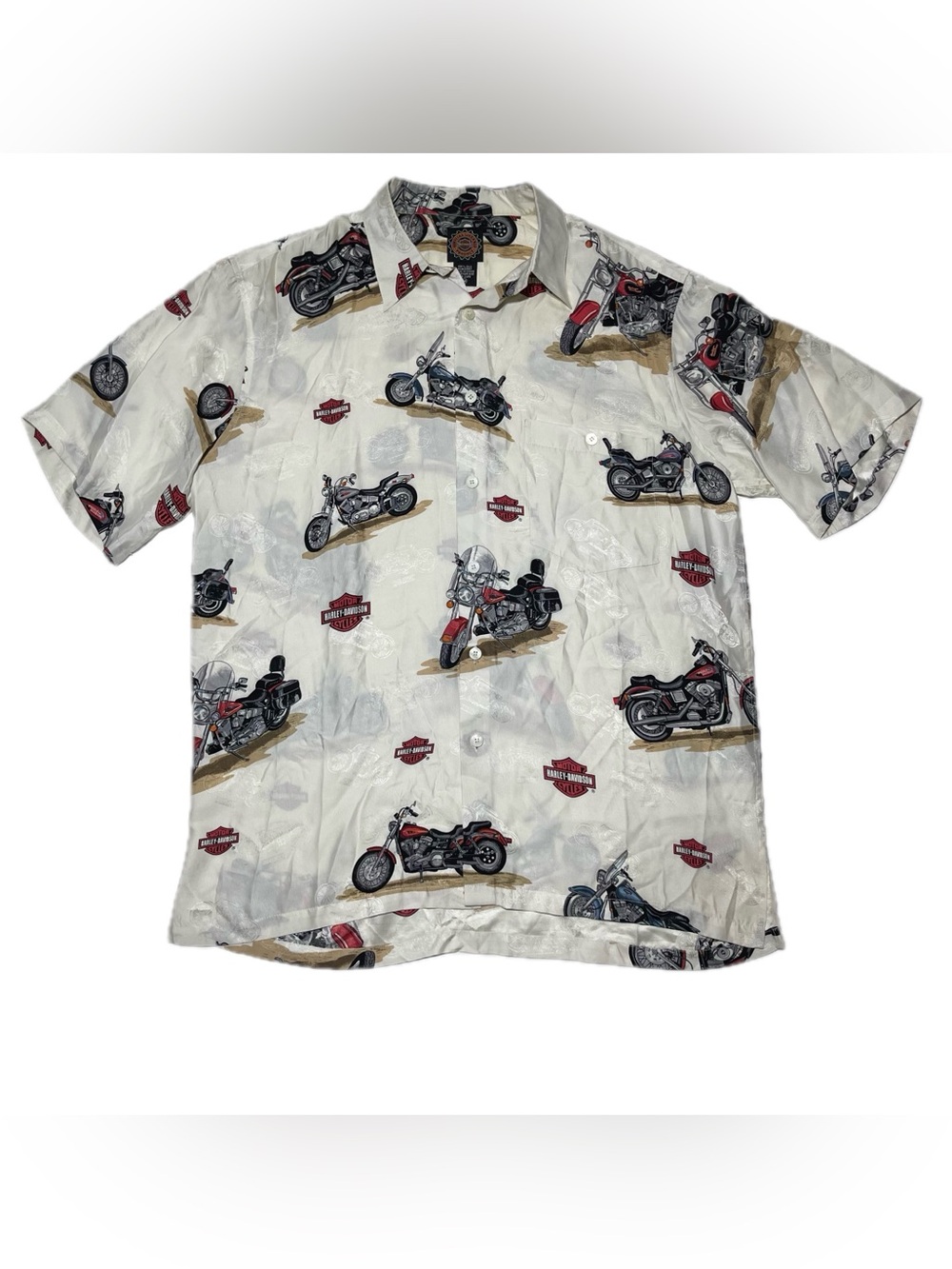 Vintage Harley Davidson Motorcycle Silk Button Down Shirt White Hawaiian Men’s M